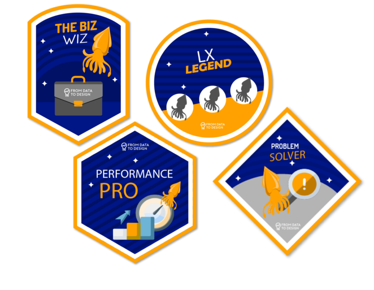 Four badges from the course Data to Design by The Upskill Experience. The badges certify competencies in business and performance analysis, learning experience design and problem solving skills.