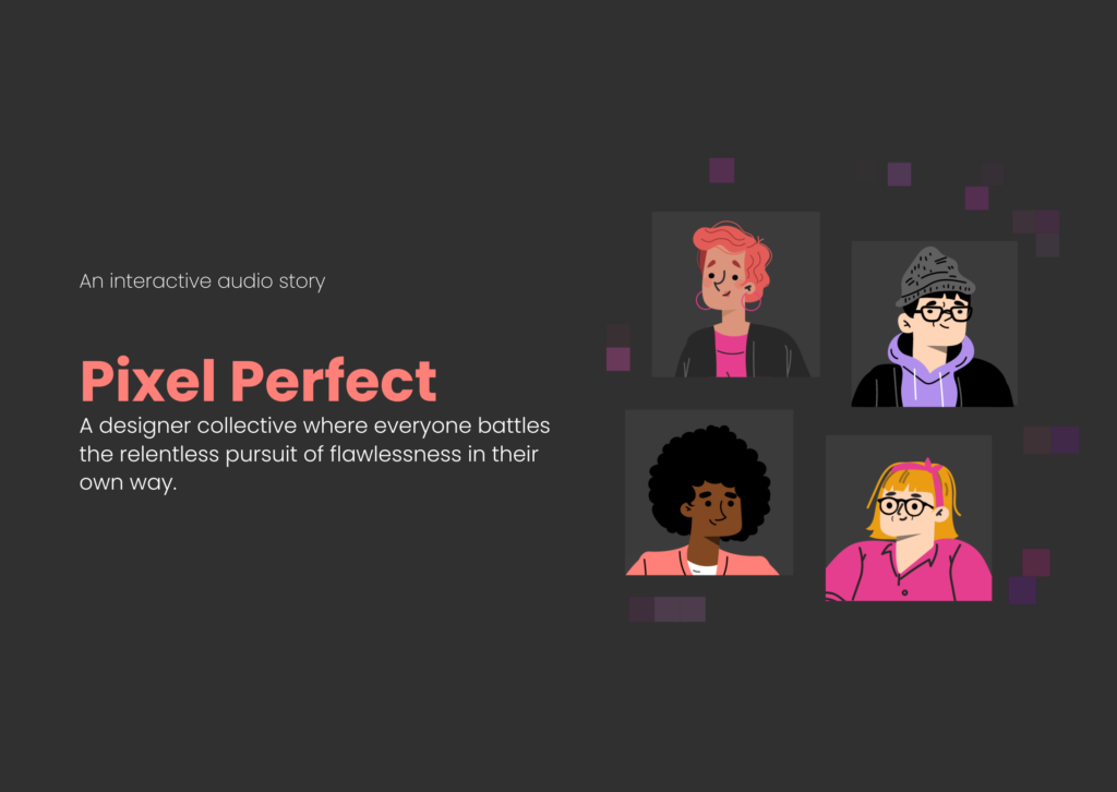 Cover of Pixel Perfect with four illustrated characters in a minimalist design on a dark background.