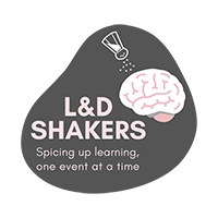 Logo with text: 'L&D Shakers Spicing up learning one event at a time.' Features a salt shaker sprinkling salt over a brain.